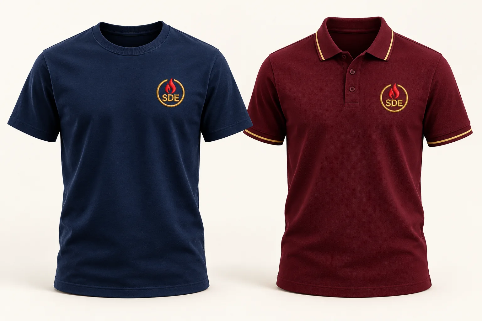 Maquettes conceptuelles : t-shirt bleu marine et polo bordeaux, avec emblème SDE brodé et détails dorés